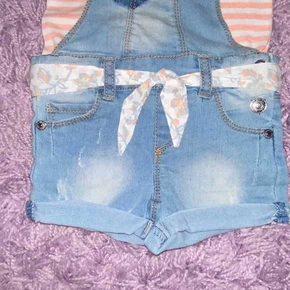 12m Seven for All Mankind Baby Girls Denim Overall Peach Stripe Shirt Outfit Set - Picture 4 of 11